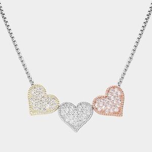 14K Gold Plated CZ Stone Paved Triple Heart Pendant Necklace